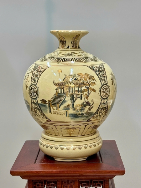 Bình Hút Lộc Tứ Cảnh Hà Nội Cao 36cm Gốm Chu Đậu Vẽ Vàng