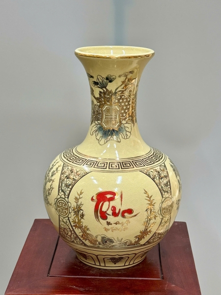 Bình Phú Quý Tứ Cảnh Chữ Phúc Cao 35cm Gốm Chu Đậu Vẽ Vàng