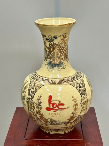 Bình Phú Quý Tứ Cảnh Chữ Phúc Cao 35cm Gốm Chu Đậu Vẽ Vàng