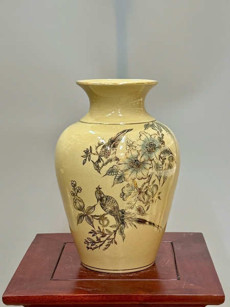 Bình Thiên Hương Cao 28cm Chim Hoa Lựu Gốm Chu Đậu Vẽ Vàng