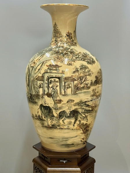 Bảo Bình Cảnh Làng Quê Cao 80cm Gốm Chu Đậu Vẽ Vàng