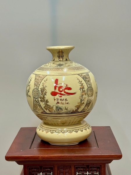 Bình Hút Lộc Tứ Cảnh Chữ Lộc Cao 27cm Gốm Chu Đậu Vẽ Vàng