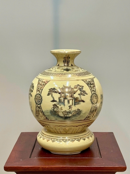 Bình Hút Lộc Tứ Cảnh Hà Nội Cao 27cm Gốm Chu Đậu Vẽ Vàng