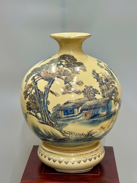 Bình Hút Tài Lộc Sơn Thuỷ Hữu Tình Cao 42cm Gốm Chu Đậu Vẽ Vàng