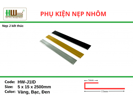 HW - J1ID Đen 5x15x2500 Nẹp J kết thúc