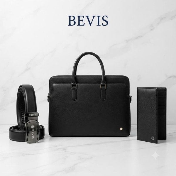BEVIS PRESIDENT - Combo 3 Món Cặp Da Công Sở + Ví Dài + Thắt Lưng BEVIS - Bộ Quà Tặng Sếp Quà Doanh Nghiệp