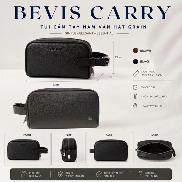 BEVIS CARRY – Túi Cầm Tay Nam Da Bò Thật Size Trung Vân Hạt Grain Mềm Cao Cấp