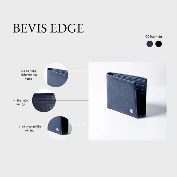 BEVIS EDGE – Ví Da Nam Cao Cấp Da Bò Korea Vân Hạt | Ví Nam Gập Đôi Xanh Navy