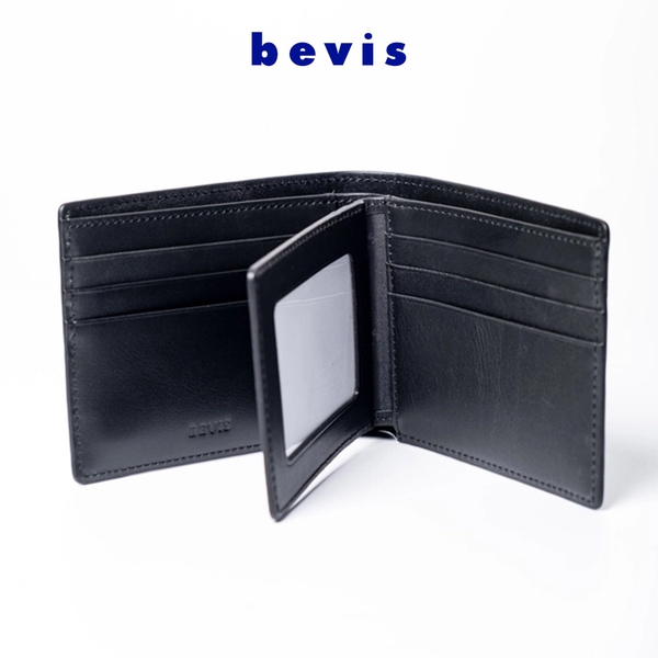 BEVIS CLASSIC – Ví Da Nam Da Bò Korea Cao Cấp Vân Trơn | Ví Nam Gập Đôi Màu Đen Sang Trọng