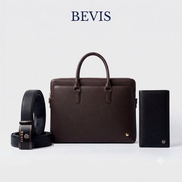 BEVIS PRESIDENT - Combo 3 Món Cặp Da Công Sở + Ví Dài + Thắt Lưng BEVIS - Bộ Quà Tặng Sếp Quà Doanh Nghiệp
