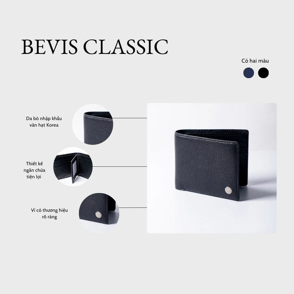 BEVIS CLASSIC – Ví Da Nam Da Bò Vân Hạt Korea Cao Cấp | Ví Nam Gập Đôi Màu Đen