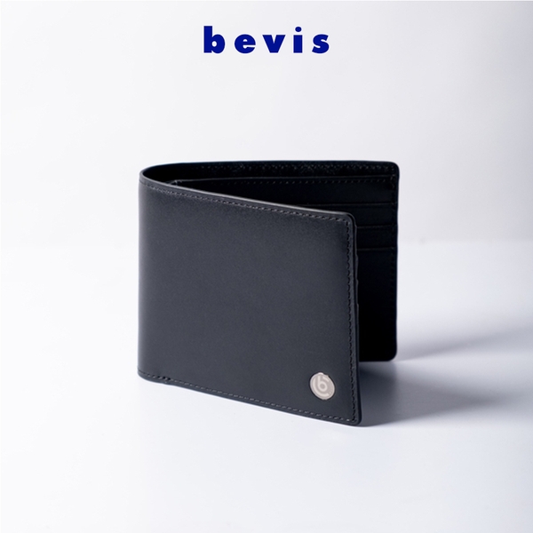 BEVIS CLASSIC – Ví Da Nam Da Bò Korea Cao Cấp Vân Trơn | Ví Nam Gập Đôi Màu Đen Sang Trọng