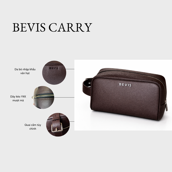 BEVIS CARRY – Túi Cầm Tay Nam Da Bò Thật Size Trung Vân Hạt Grain Mềm Cao Cấp