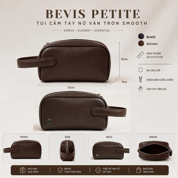 BEVIS PETITE – Túi Cầm Tay Nữ Da Bò Thật Vân Trơn Smooth Cao Cấp