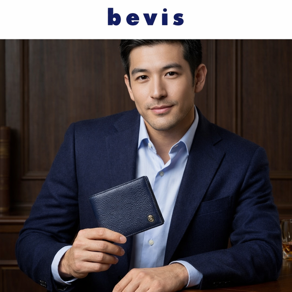 BEVIS EDGE – Ví Da Nam Cao Cấp Da Bò Korea Vân Hạt | Ví Nam Gập Đôi Xanh Navy