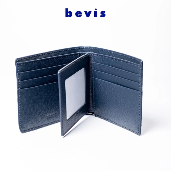 BEVIS CLASSIC – Ví Da Nam Vân Epi Japan Cao Cấp | Ví Nam Gập Đôi Màu Xanh Navy