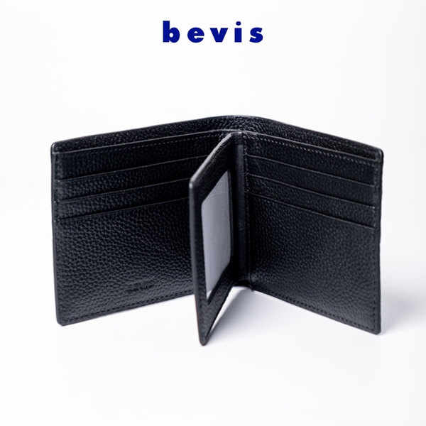 BEVIS CLASSIC – Ví Da Nam Da Bò Vân Hạt Korea Cao Cấp | Ví Nam Gập Đôi Màu Đen