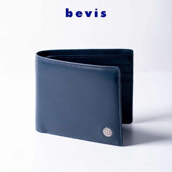 BEVIS CLASSIC – Ví Da Nam Da Bò Korea Vân Trơn Cao Cấp | Ví Nam Gập Đôi Màu Xanh Navy