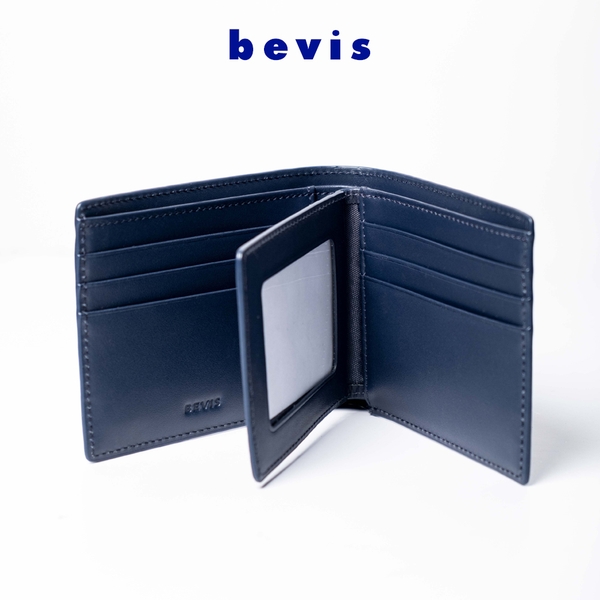 BEVIS CLASSIC – Ví Da Nam Da Bò Korea Vân Trơn Cao Cấp | Ví Nam Gập Đôi Màu Xanh Navy