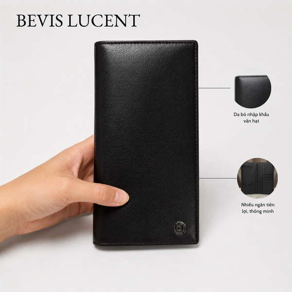 Bevis LUCENT  - Ví cầm tay nam da bò thật  Vân hạt Grain/ Vân Taiga xanh cao cấp