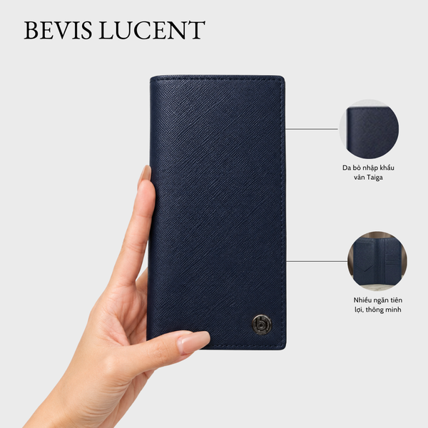 Bevis LUCENT  - Ví cầm tay nam da bò thật  Vân hạt Grain/ Vân Taiga xanh cao cấp