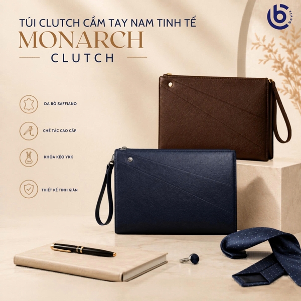 Clutch Nam Cao Cấp BEVIS MONARCH – Ví Cầm Tay Da Bò Thật  Vân Saffiano Signature[Bảo Hành 12 Tháng]