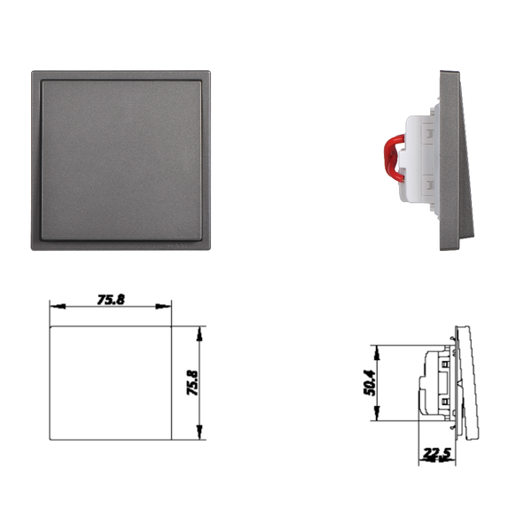 Kích thước  Module Công Tắc Đơn Trung Gian Vuông Màu Xám Simon I7 Mã 701026-61