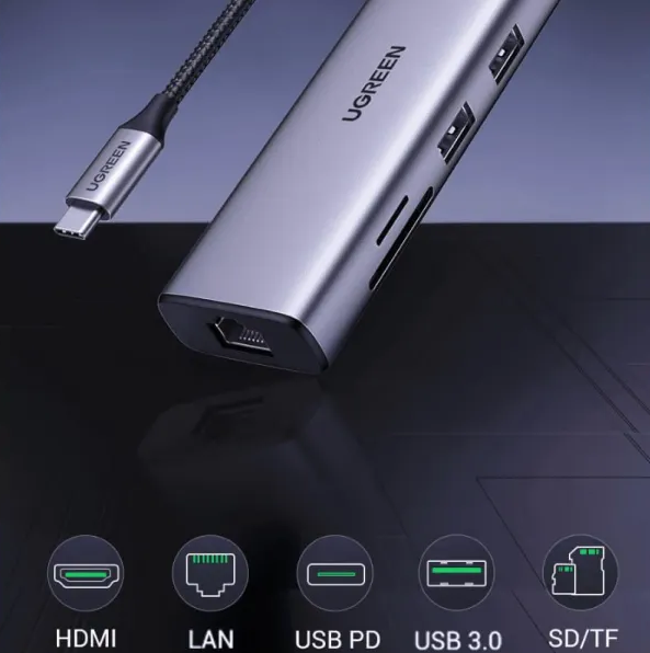 Bộ chuyển đổi USB Type-C sang HDMI+SD+TF+2 cổng USB 3.0+RJ45 Ugreen(90568)
