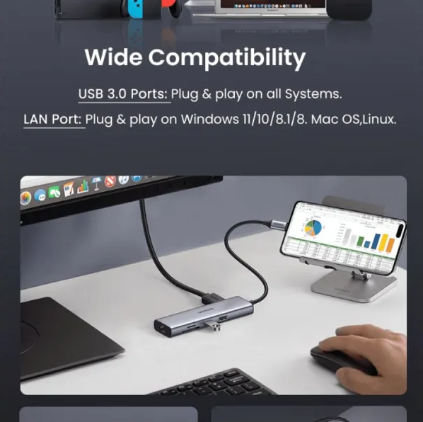 Bộ chuyển đổi USB Type-C sang HDMI+SD+TF+2 cổng USB 3.0+RJ45 Ugreen(90568)