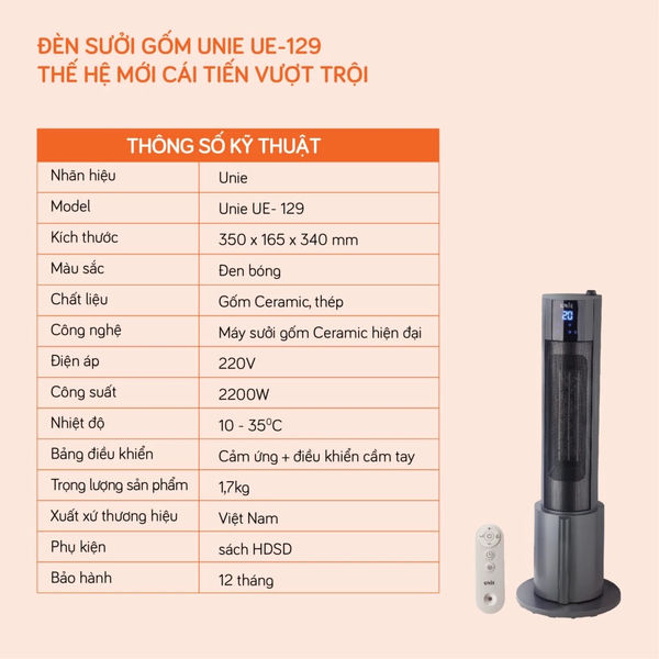 Máy Sưởi Gốm UNIE UE-129 - Công Suất 2200W - Bảo Hành Chính Hãng 12 Tháng