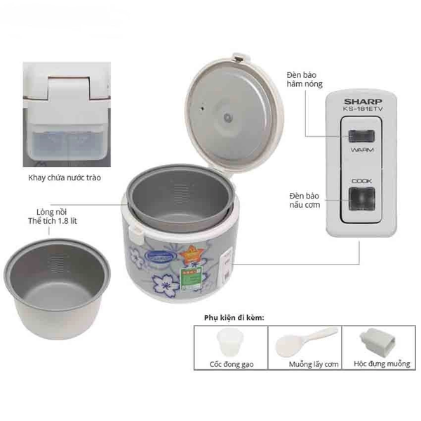 Nồi cơm điện Sharp KS-N181ETV-SL dung tích 1.8L - Hàng chính hãng bảo hành 12 tháng.