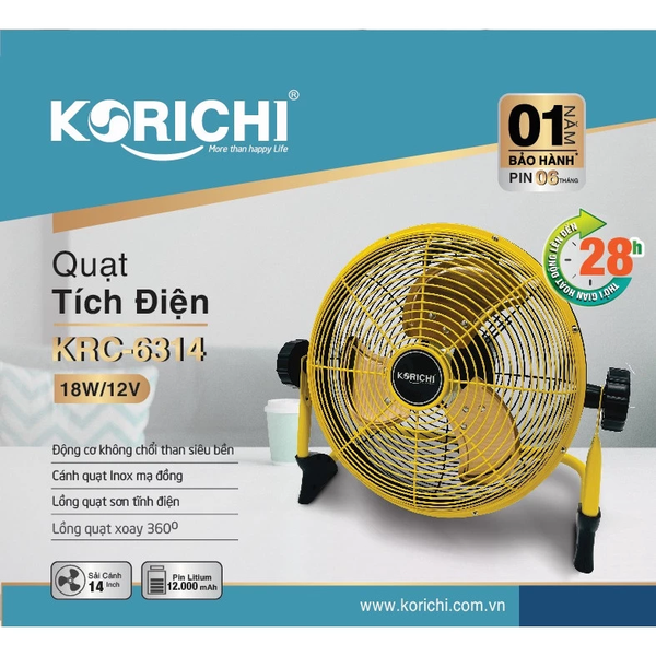 QUẠT TÍCH ĐIỆN KORICHI KRC-6314 - HÀNG CHÍNH HÃNG