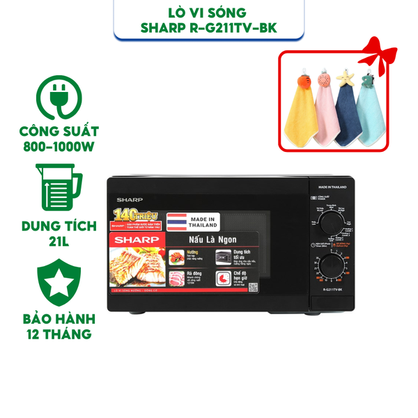 Lò vi sóng Sharp R-211TV-BK - Dung tích 21 lít - Công 800W - Hàng chính hãng bảo hành 12 tháng