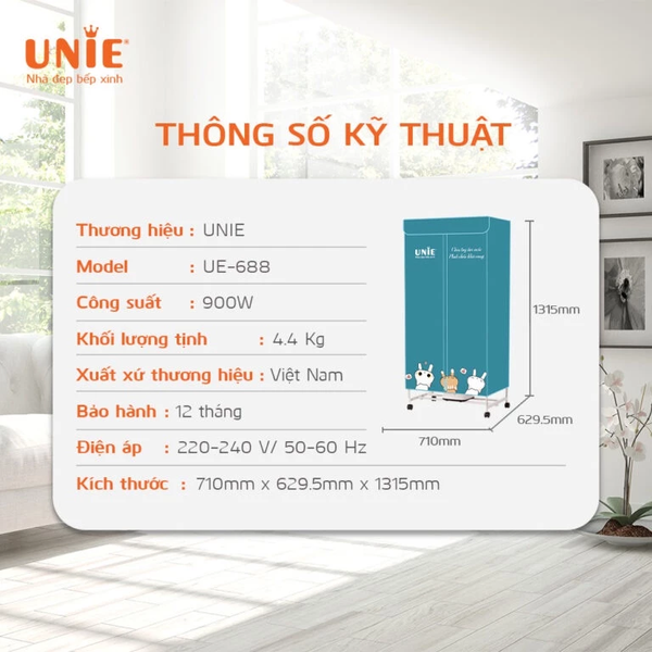 Tủ Sấy Quần Áo UNIE UE-688 - Sấy Tối Đa 15kg Quần Áo - Công Suất 900W - Bảo Hành Chính Hãng 12 Tháng