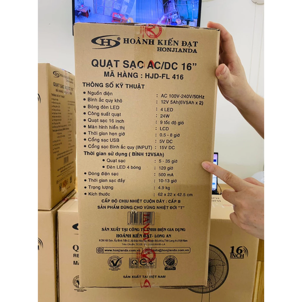 Quạt sạc/ Quạt Tích Điện HONJIANDA HJD-FL416 2 bình - Hàng Chính Hãng Bảo Hành 12 Tháng