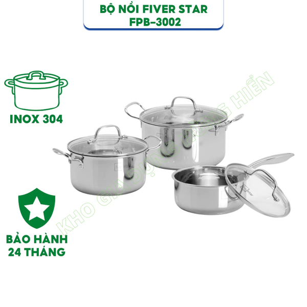 Bộ 3 Nồi Inox 304 Fivestar FB-B3002 Đáy Liền Thân- Kích thước 18cm/20cm/24cm - Bảo Hành Chính Hãng 24 Tháng