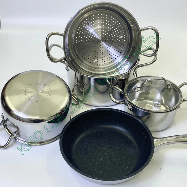 Bộ Nồi Đáy Liền Kèm Xửng Và Chảo Chống Dính  Fivestar FP-B5006 Nắp Kính  - Kích Thước 16cm/20cm/24cm - Bảo Hành Chính Hãng