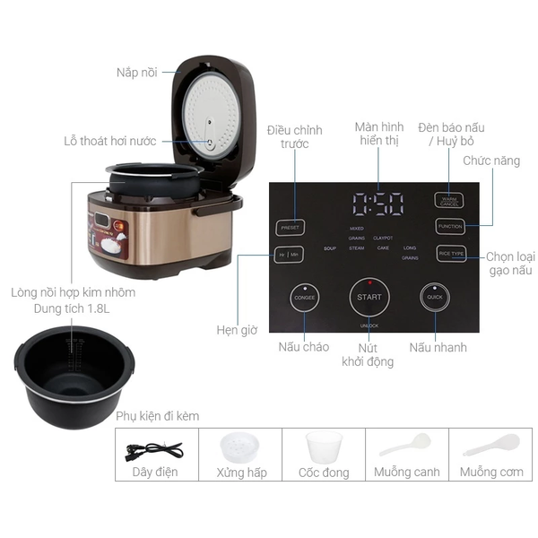 Nồi cơm điện cao tần Sharp KS-IH191V-RD - Dung tích 1.8L - Công suất 1300W - Hàng chính hãng - Bảo hành 12 tháng