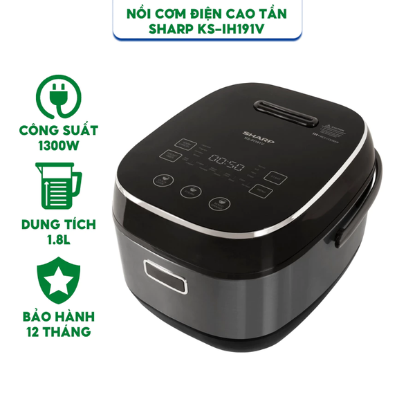 Nồi cơm điện cao tần Sharp KS-IH191V-BK - Dung tích 1.8L - Công suất 1300W - Hàng chính hãng - Bảo hành 12 tháng
