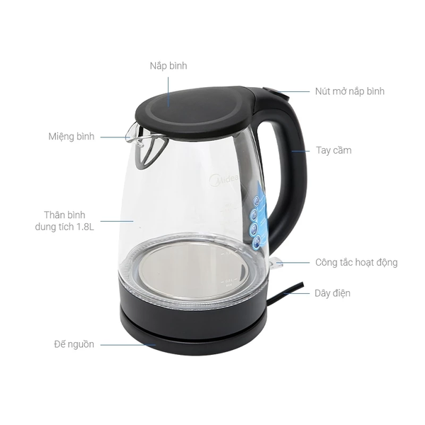 Ấm Siêu Tốc Thủy Tinh Midea MK-18GC (Bình Siêu Tốc, Ấm Đun Siêu Tốc Dung Tích 1.7L, Công Suất 1800W