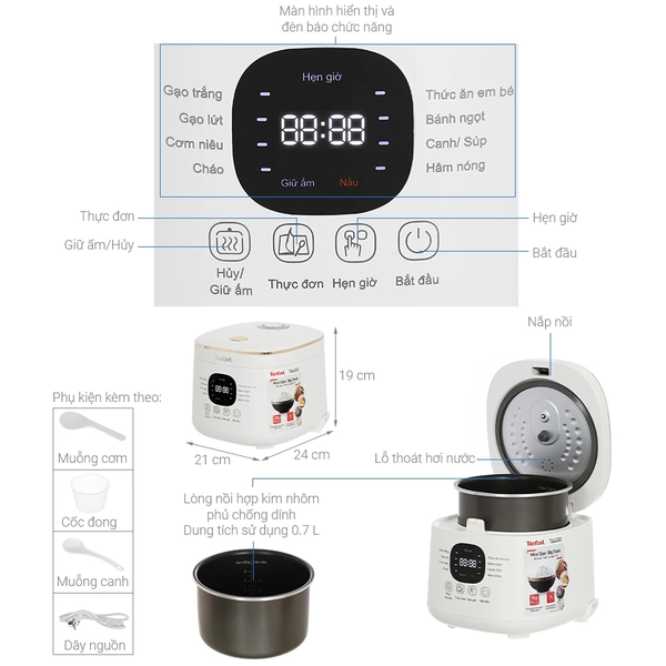 Nồi cơm điện tử Tefal Rice Mate Mini 0.7L RK515168 - Hàng chính hãng bảo hành 24 tháng