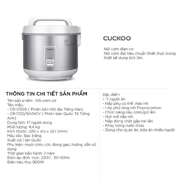 Nồi cơm điện Cuckoo CR-1720 960 W dung tích 3L - Hàng chính hãng bảo hành 24 tháng