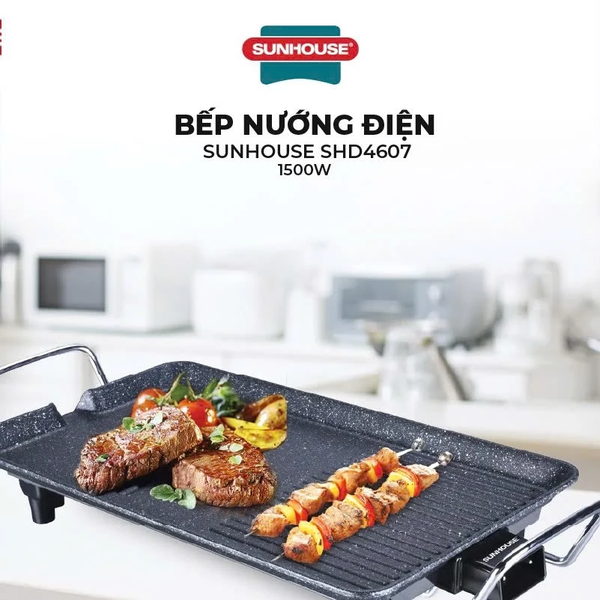 Bếp nướng điện Sunhouse SHD4607 - Công suất 1500W - Một miệng rót mỡ thừa tiện dụng - Bảo hành chính hãng 12 tháng