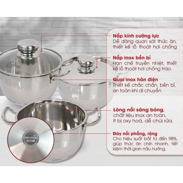 Bộ 3 Nồi Inox 430 3 Đáy Malai Fivestar FS-B3004 Nắp Kính 06pcs- Kích thước 16cm/20cm/24cm - Bảo Hành Chính Hãng