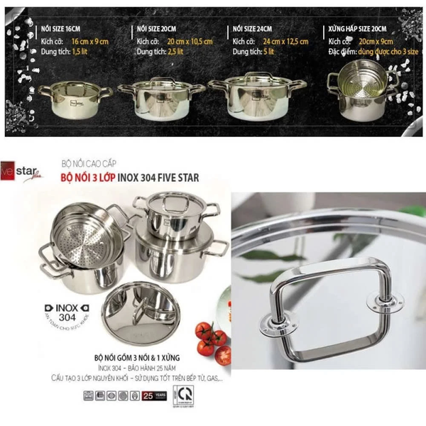 Bộ 4 Nồi Inox 304 Cao Cấp 3 Lớp Roman Fivestar FP-B4005 Nắp Inox 07pcs- Kích thước 16cm/18cm/20cm/24cm - Bảo Hành Chính Hãng