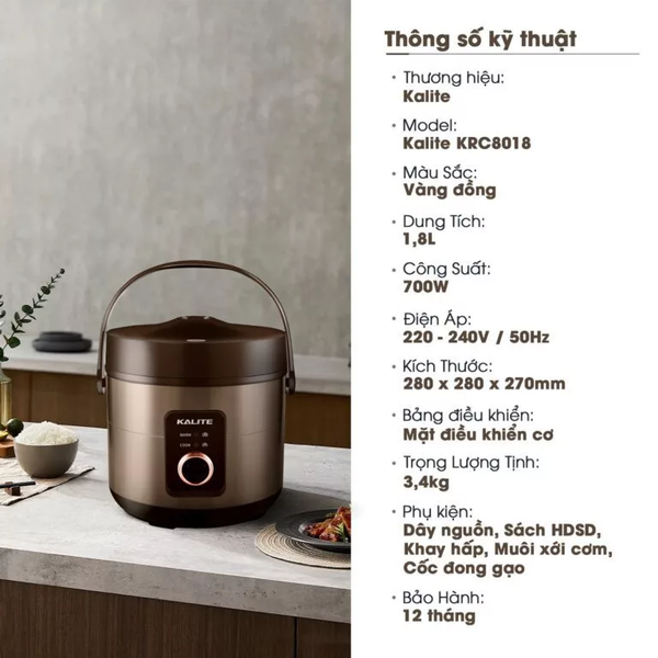 Nồi cơm điện Kalite KRC 8018 1.8L - Hàng chính hãng bảo hành 12  tháng.