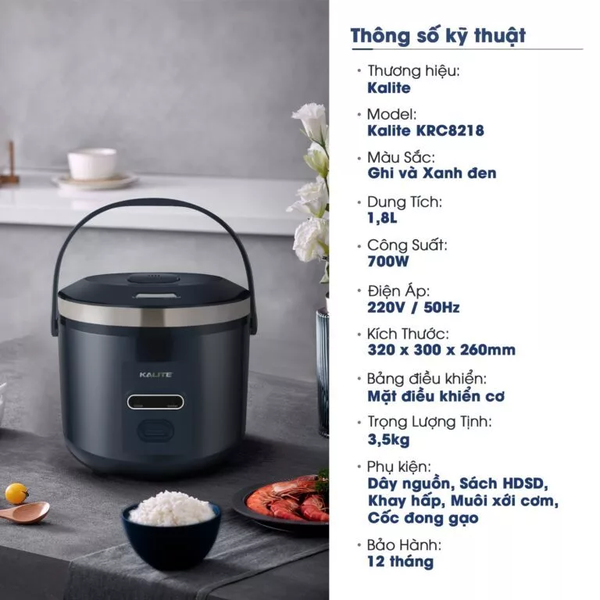 Nồi cơm điện Kalite KRC 8218 dung tích 1.8L - Hàng chính hãng bảo hành 12 tháng.