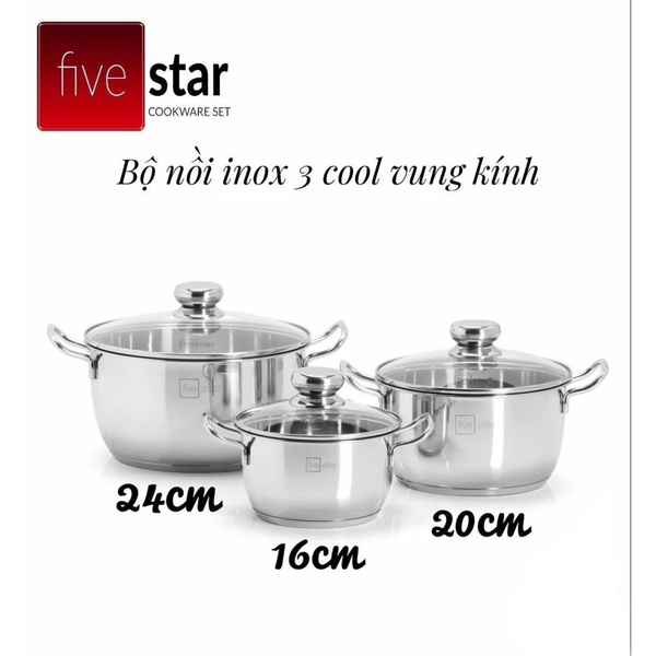Bộ 3 Nồi Inox 430 3 Đáy Malai Fivestar FS-B3004 Nắp Kính 06pcs- Kích thước 16cm/20cm/24cm - Bảo Hành Chính Hãng