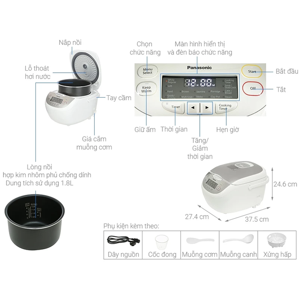 Nồi Cơm Điện Tử Panasonic SR-CP188NRAM 1.8 lít - Hàng chính hãng - Bảo hành 12 tháng