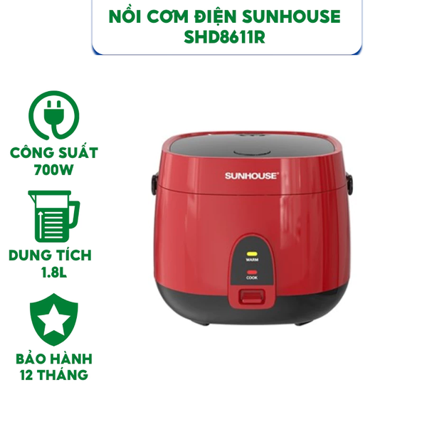 NỒI CƠM ĐIỆN SUNHOUSE SHD8611R - DUNG TÍCH 1.8L - CÔNG SUẤT 700W - HÀNG CHÍNH HÃNG BẢO HÀNH 12 THÁNG